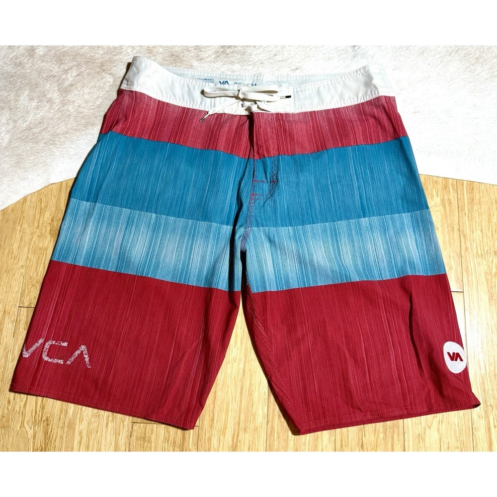 RVCA Board Shorts Mens 34 White/Red‎ Blue Striped Drawstring Flat Front - Picture 2 of 4